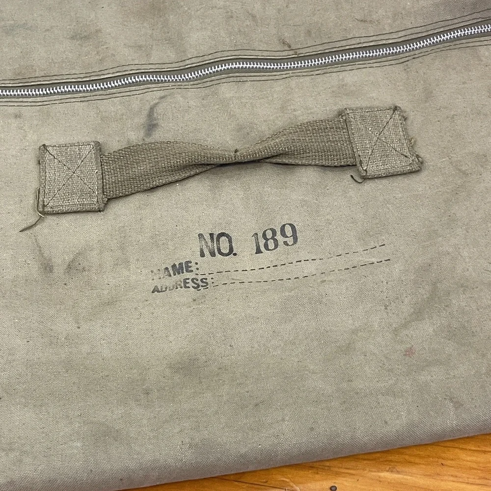 Vintage Canvas Duffel Bag Metal Zipper Side & End Handles No. 189 Stencil 37x11